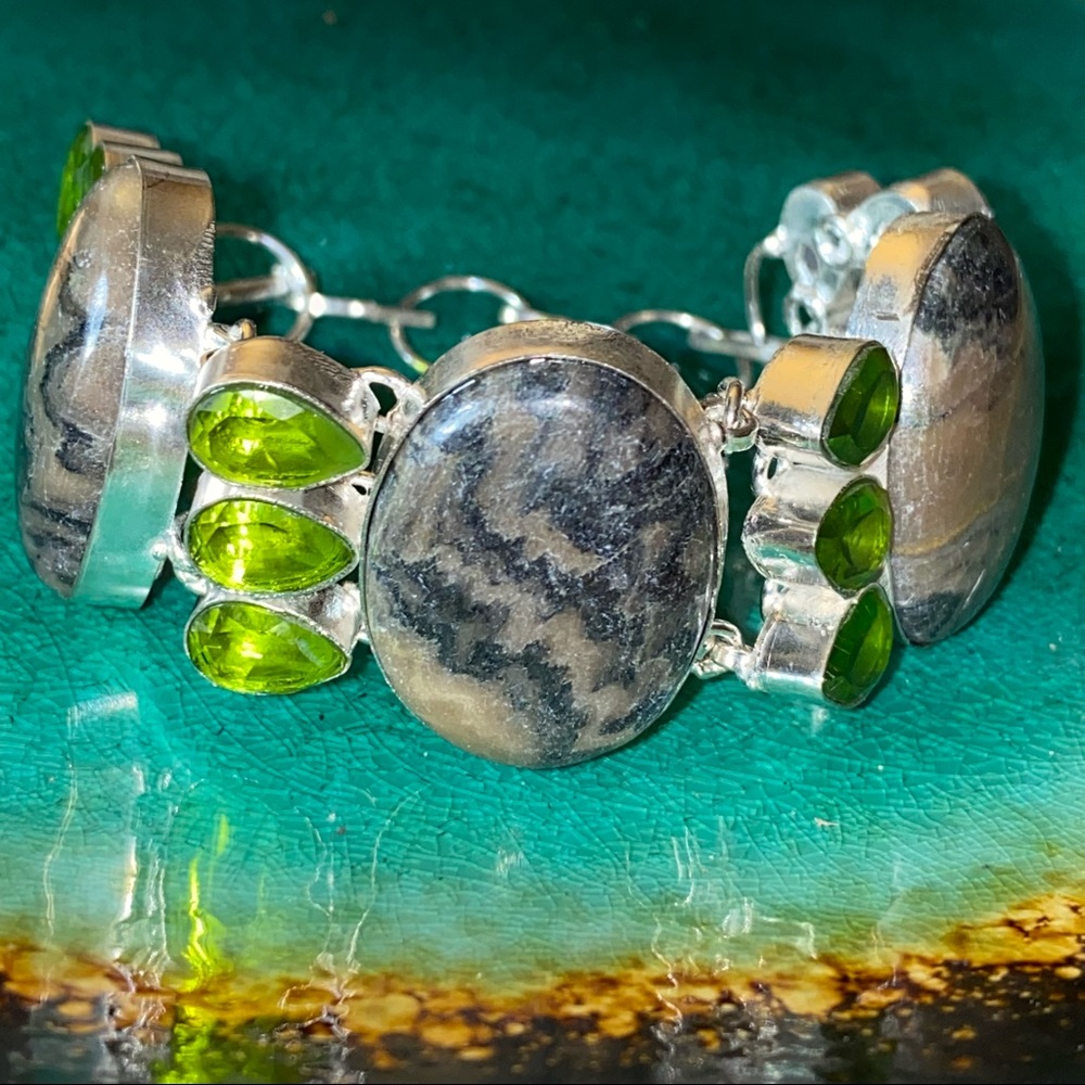 Sale * Dendritic Opal + Green Topaz gemstone statement vintage bracelet